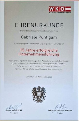 Ehrenurkunde Gabriele Puntigam - 15 Jahre erfolgreiche Unternehmensführung